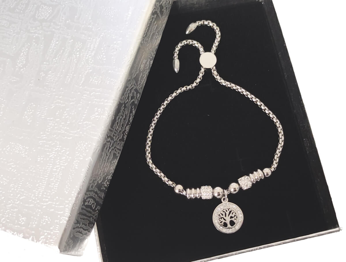 Náramek z chirurgické oceli STROM ŽIVOTA N11 stahovací s krystaly + krabička